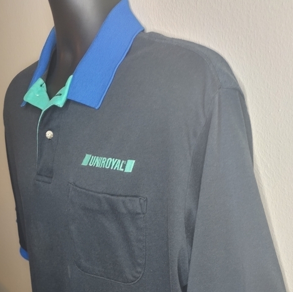 Vintage 90s Hilton Uniroyal Men's XL Shirt Polo S/S Made In USA Black Blue Teal - Picture 3 of 7